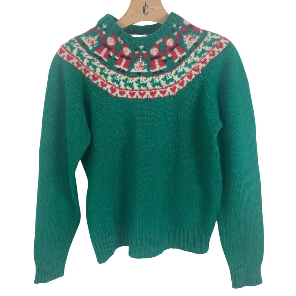 Robert Scott Ltd Vintage Wool Christmas Sweater Santa Fair Isle Green Womens